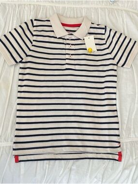 Boden Cream & Navy Striped Polo with Red Accents